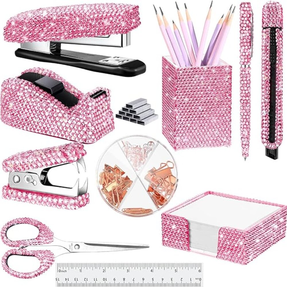 NEW Sparkling Bling Swarovski Crystal Rhinestone Desk Set Pink Or Silver +Gift! - Picture 2 of 2